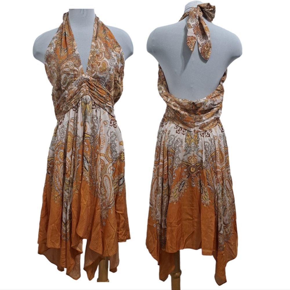 H&M Halter Feminine Flirty Summer Dress Handkerchief Hem Siz 12 Orange Multi NWT